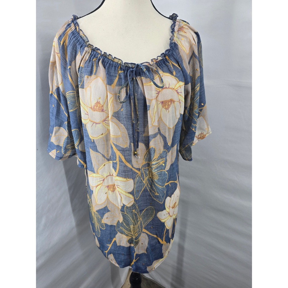 Alex & Parker Blue Yellow Floral Peasant Blouse Gold Metallic Accents‎ 1XL Boho